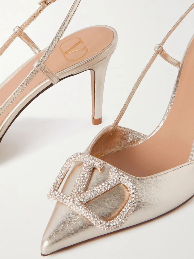 Valentino Garavani - Vlogo Glow 80 Swarovski Crystal-embellished Metallic Leather Slingback Pumps - Silver - Image 4