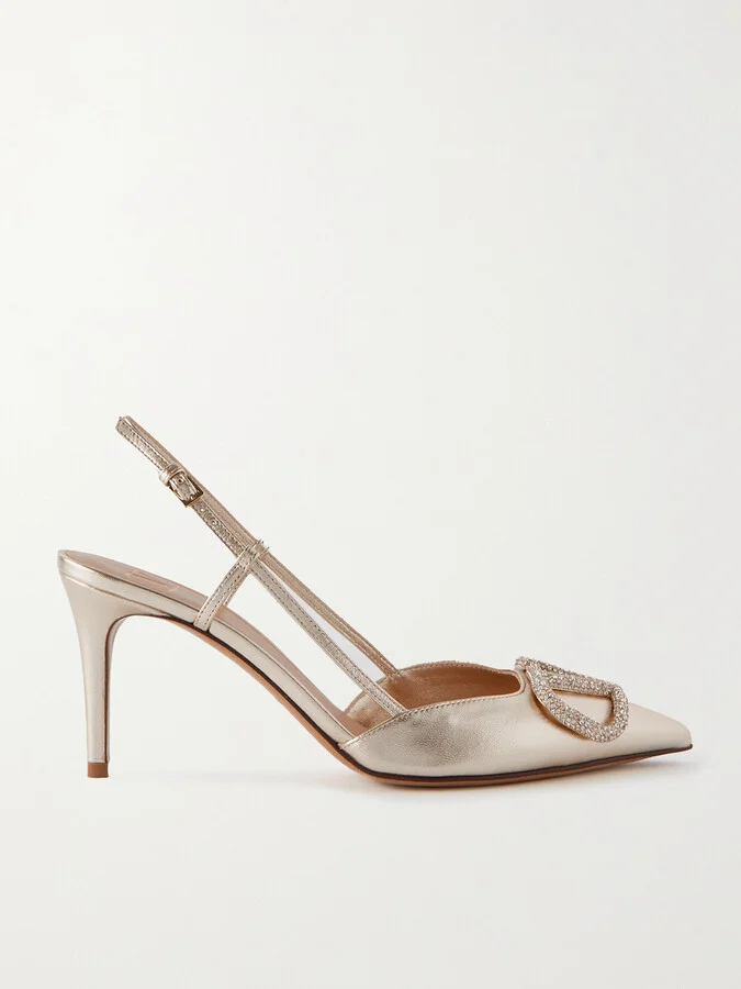 Valentino Garavani - Vlogo Glow 80 Swarovski Crystal-embellished Metallic Leather Slingback Pumps - Silver