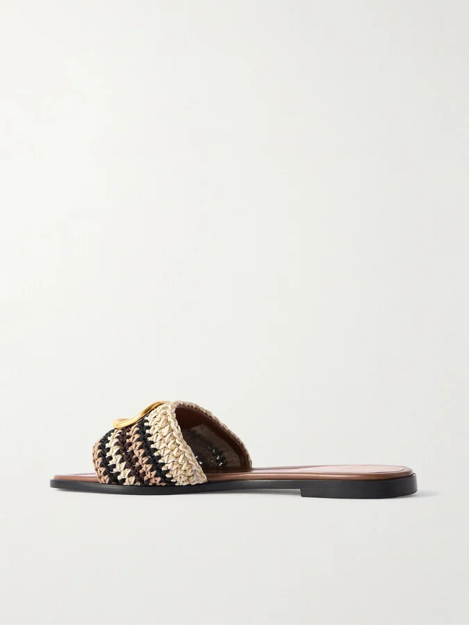 Valentino Garavani - Vlogo Leather-trimmed Crocheted Slides - Brown - Image 3