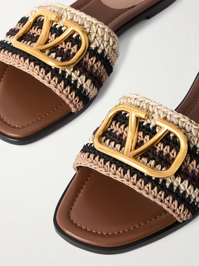 Valentino Garavani - Vlogo Leather-trimmed Crocheted Slides - Brown - Image 4