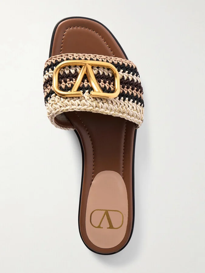 Valentino Garavani - Vlogo Leather-trimmed Crocheted Slides - Brown - Image 5