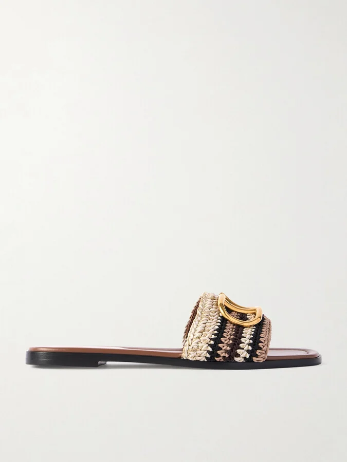 Valentino Garavani - Vlogo Leather-trimmed Crocheted Slides - Brown