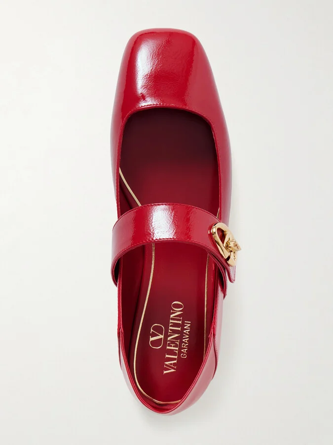 Valentino Garavani - Vlogo Locker Crinkled Patent-leather Ballet Flats - Red - Image 5