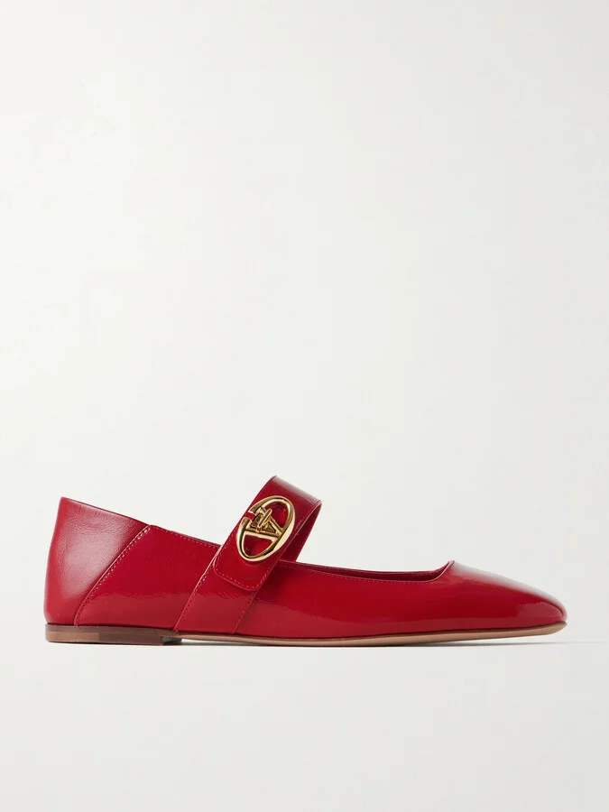 Valentino Garavani - Vlogo Locker Crinkled Patent-leather Ballet Flats - Red