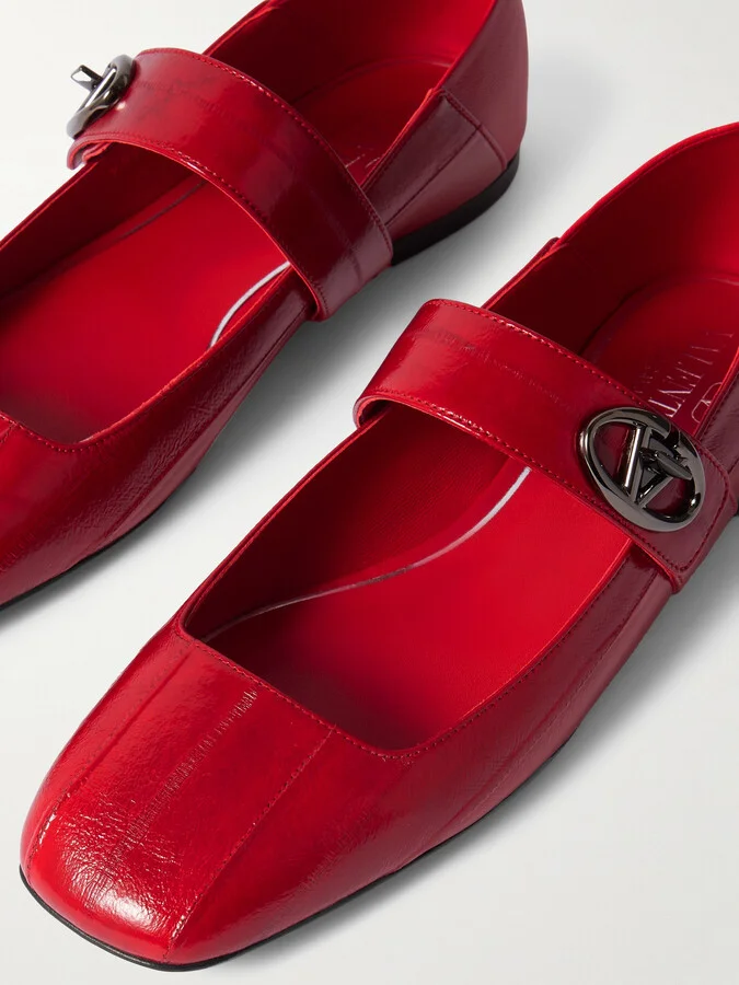 Valentino Garavani - Vlogo Locker Leather Ballet Pumps - Red - Image 4