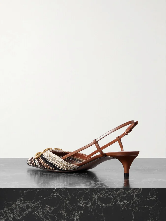 Valentino Garavani - Vlogo Signature 45 Leather-trimmed Crocheted Slingback Pumps - Brown - Image 3
