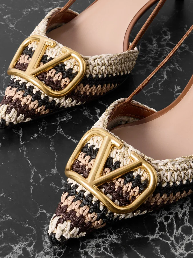 Valentino Garavani - Vlogo Signature 45 Leather-trimmed Crocheted Slingback Pumps - Brown - Image 4
