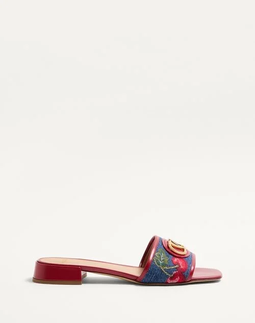 Valentino Garavani Vlogo Signature Denim Slide Sandal With Cherryfic Embroidery 20Mm