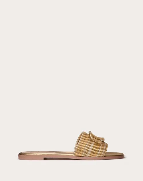 Valentino Garavani Vlogo Signature Metallic Leather Slide Sandal With Cornely Embroidery