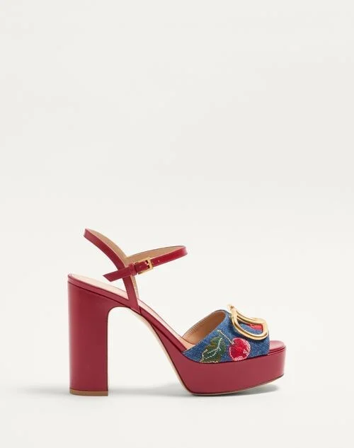 Valentino Garavani Vlogo Signature Platform Denim Sandal With Cherryfic Embroidery 115Mm