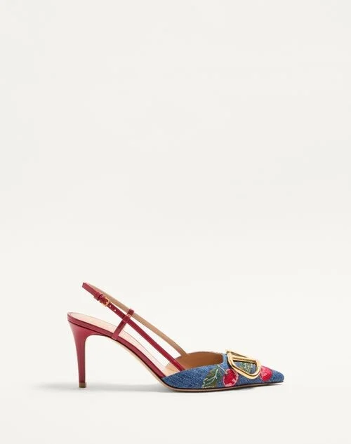 Valentino Garavani Vlogo Signature Slingback Pumps In Denim With Cherryfic Embroidery 80Mm