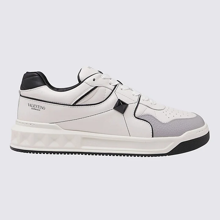 Valentino Garavani White And Grey Leather Low Top One Stud Sneakers