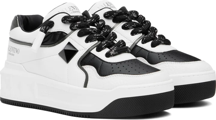 Valentino Garavani White & Black One Stud XL Nappa Leather Low-Top Sneakers - Image 4