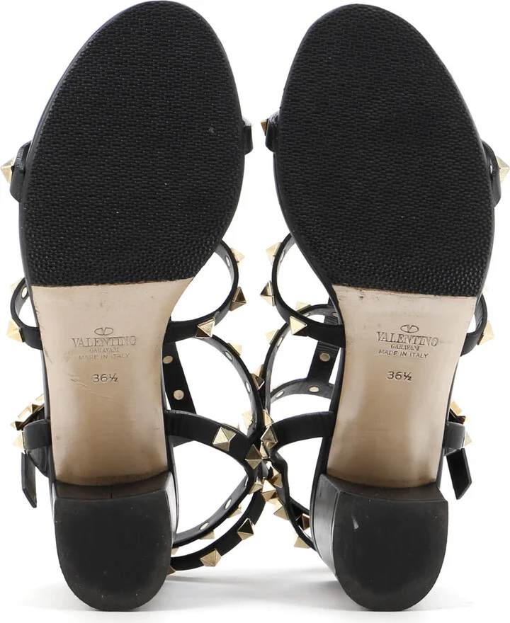 VALENTINO GARAVANI Women's Rockstud Caged Ankle Strap Block Heel Sandals Leather - Image 4