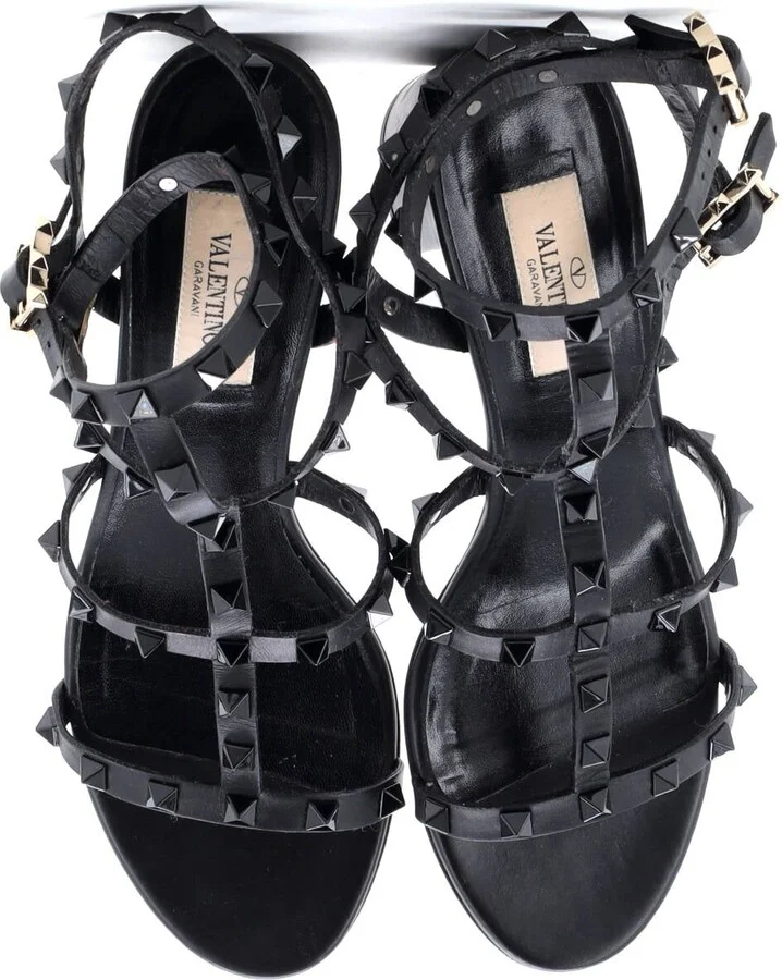 VALENTINO GARAVANI Women's Rockstud Caged Ankle Strap Block Heel Sandals Leather - Image 2