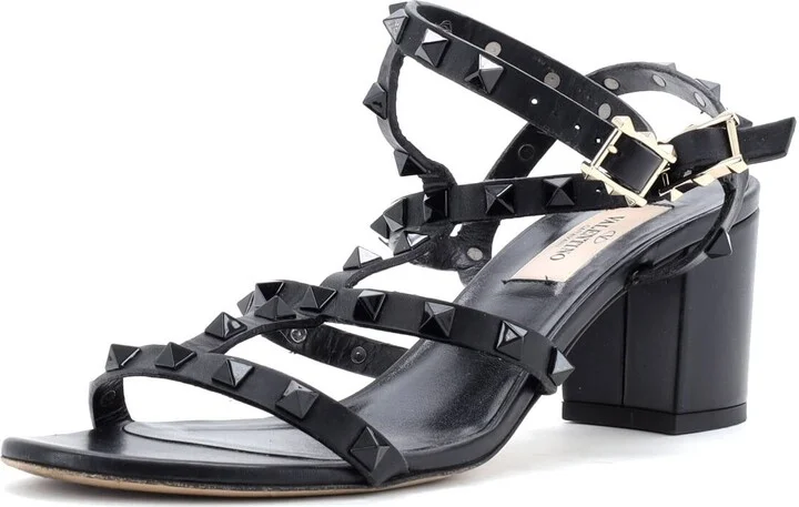 VALENTINO GARAVANI Women's Rockstud Caged Ankle Strap Block Heel Sandals Leather