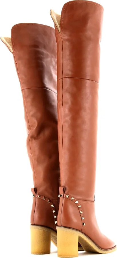 VALENTINO GARAVANI Women's Rockstud Over the Knee Block Heel Boots Leather with Shearling - Image 2