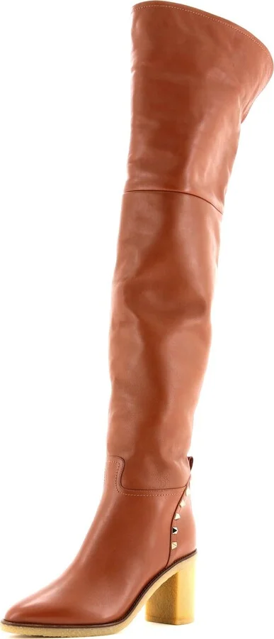 VALENTINO GARAVANI Women's Rockstud Over the Knee Block Heel Boots Leather with Shearling