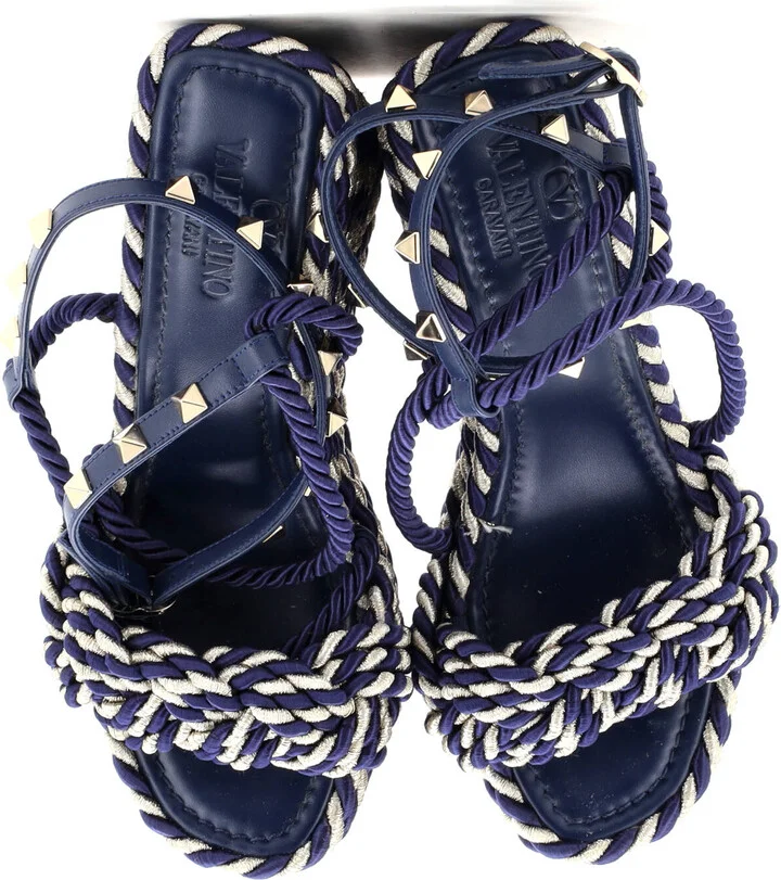 VALENTINO GARAVANI Women's Rockstud Torchon Espadrille Wedge Sandals Leather and Cord - Image 2