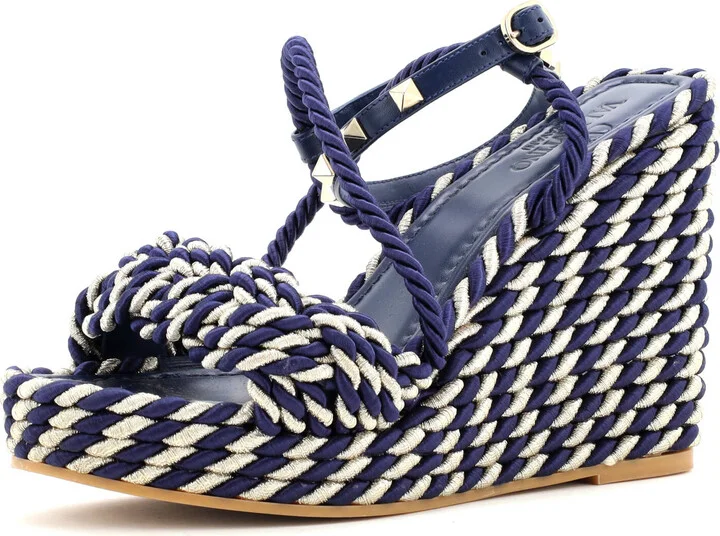 VALENTINO GARAVANI Women's Rockstud Torchon Espadrille Wedge Sandals Leather and Cord