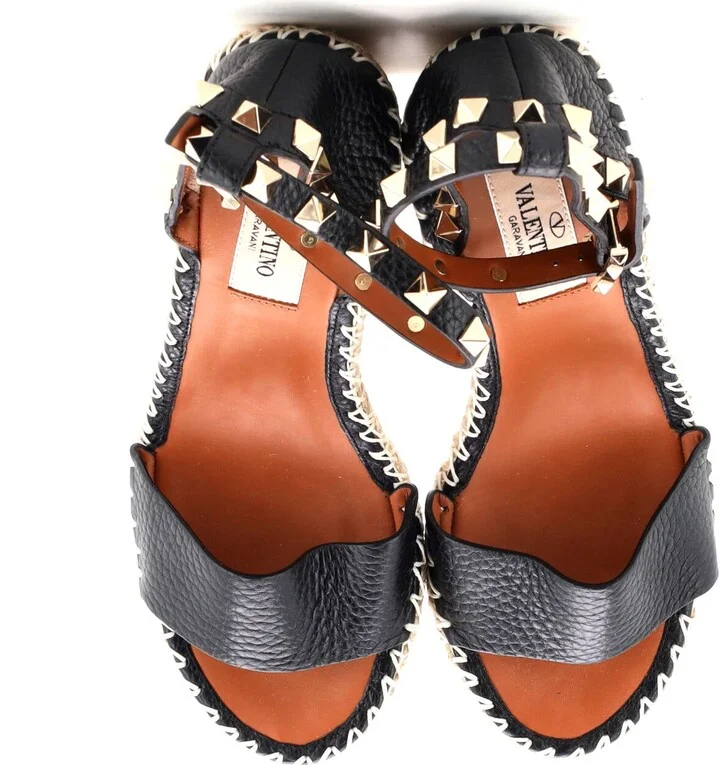 VALENTINO GARAVANI Women's Rockstud Wedge Espadrille Sandals Leather - Image 2
