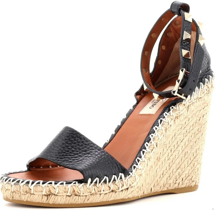 VALENTINO GARAVANI Women's Rockstud Wedge Espadrille Sandals Leather