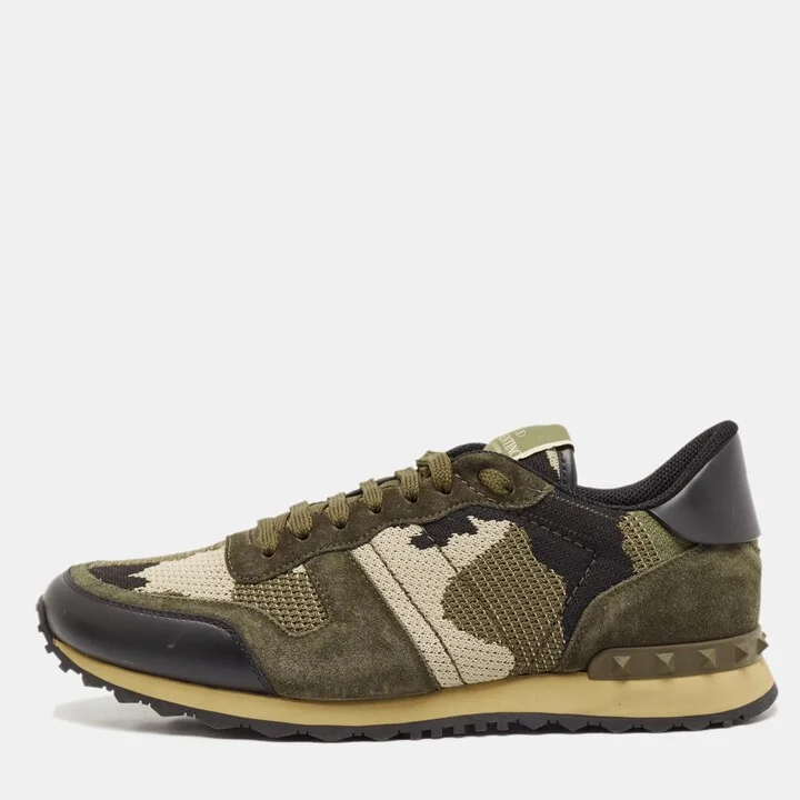 Valentino Multicolor Camo Leather and Suede Rockrunner Sneakers Size 43.5