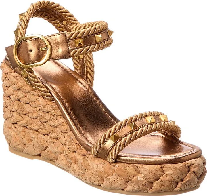 Valentino Rockstud 100 Rope & Leather Wedge Sandal