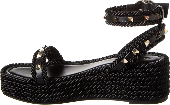 Valentino Rockstud 45 Rope & Leather Wedge Sandal - Image 2