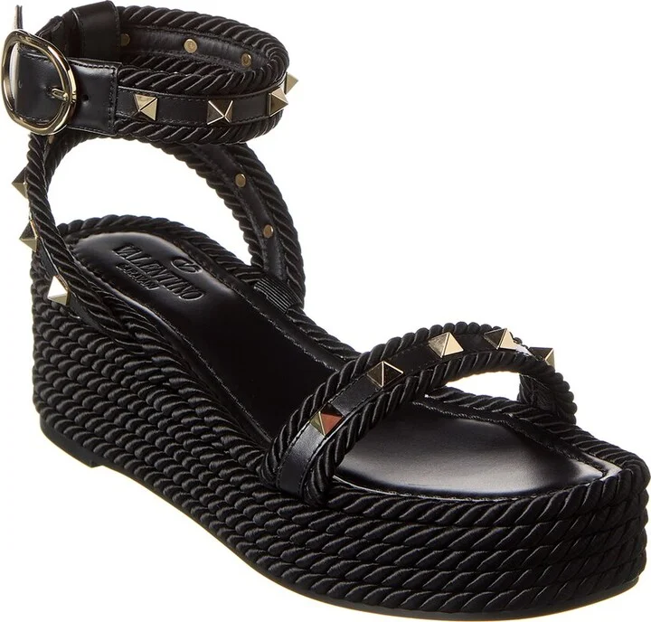 Valentino Rockstud 45 Rope & Leather Wedge Sandal