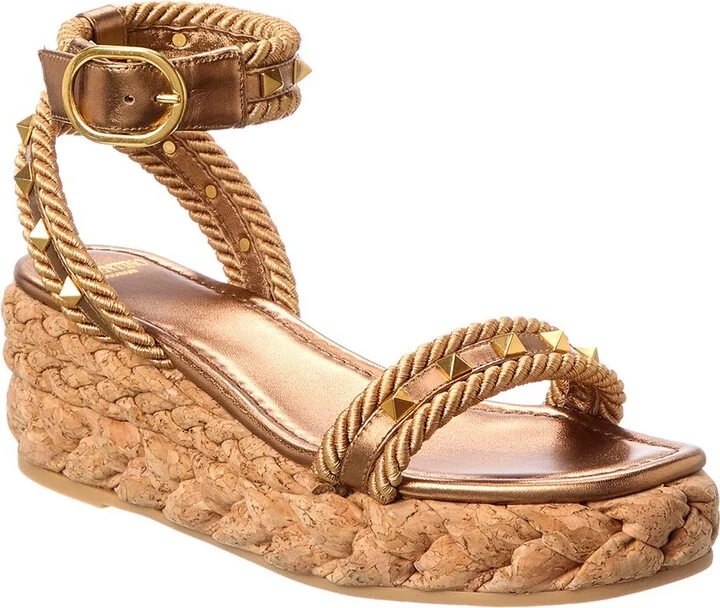 Valentino Rockstud 60 Rope & Leather Wedge Sandal