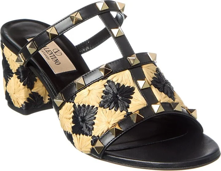 Valentino Rockstud 60 Straw & Leather Sandal
