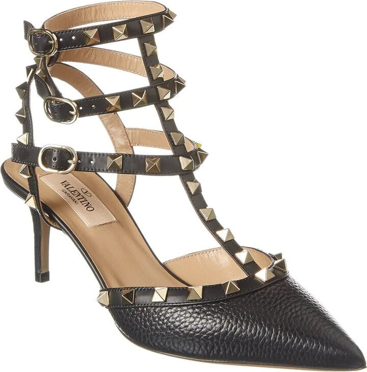 Valentino Rockstud Caged 65 Grainy Leather Ankle Strap Pump