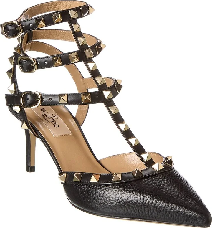 Valentino Rockstud Caged 65 Grainy Leather Ankle Strap Pump