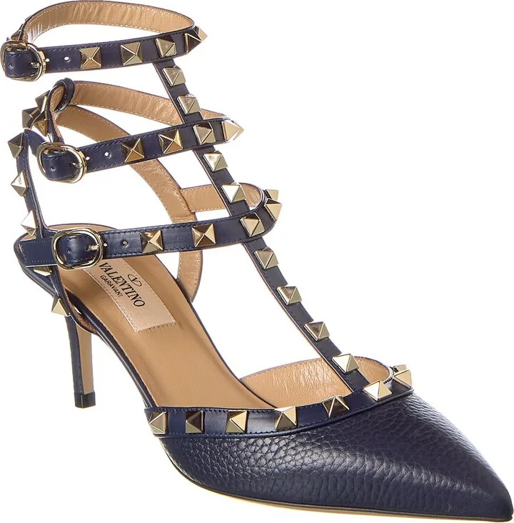 Valentino Rockstud Caged 65 Grainy Leather Ankle Strap Pump