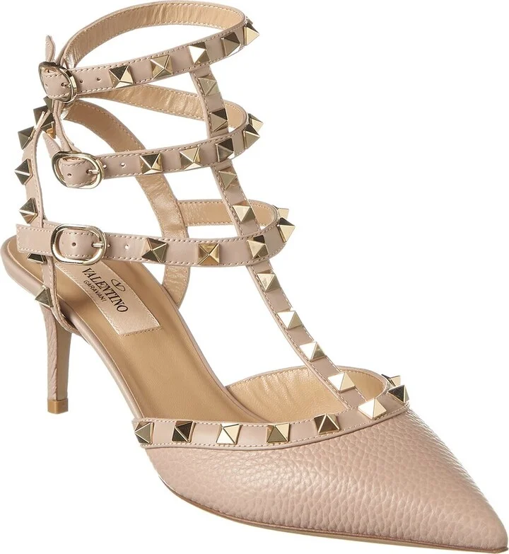 Valentino Rockstud Caged 65 Grainy Leather Ankle Strap Pump