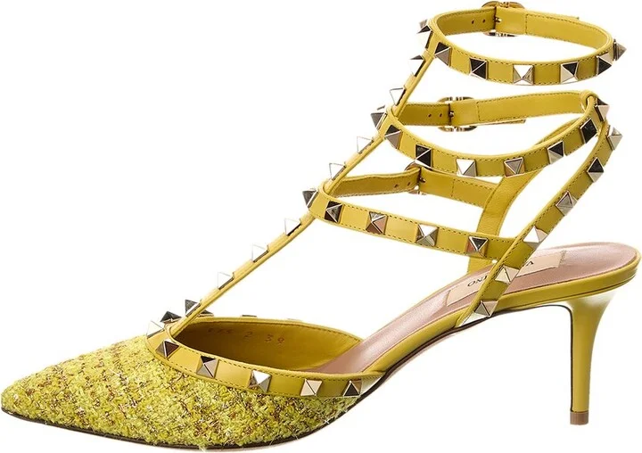 Valentino Rockstud Caged 65 Leather & Tweed Ankle Strap Pump - Image 2