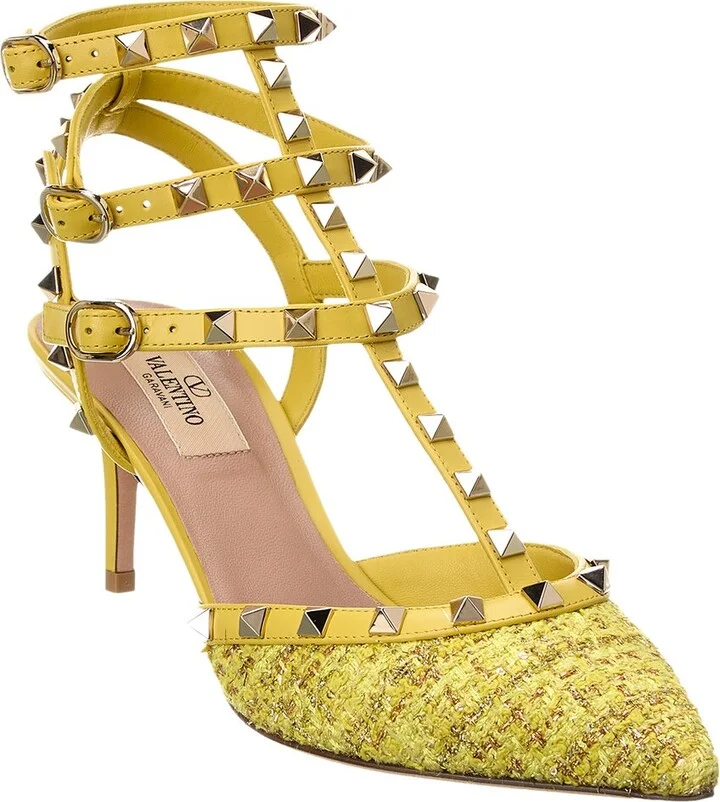 Valentino Rockstud Caged 65 Leather & Tweed Ankle Strap Pump