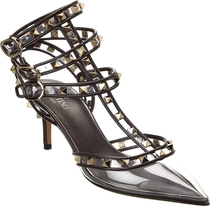 Valentino Rockstud Caged 65 Leather & Vinyl Ankle Strap Pump