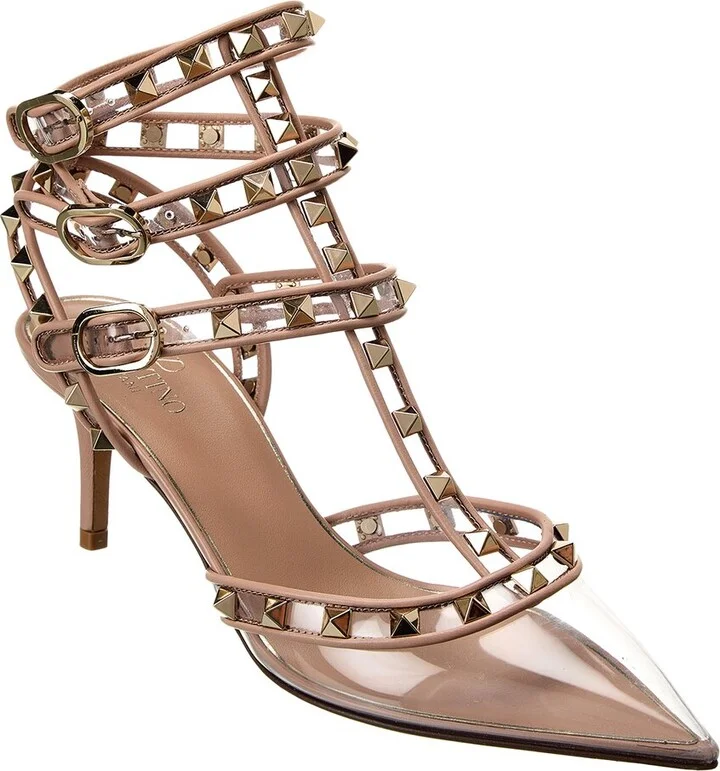 Valentino Rockstud Caged 65 Leather & Vinyl Ankle Strap Pump