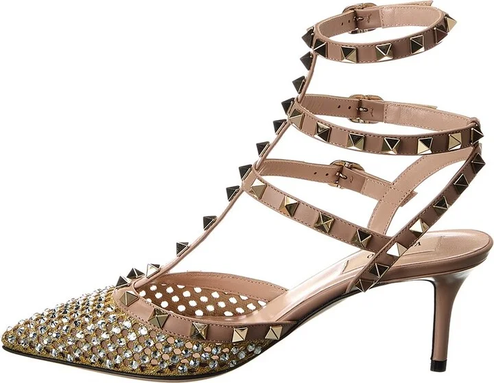 Valentino Rockstud Caged 65 Mesh & Leather Ankle Strap Pump - Image 2