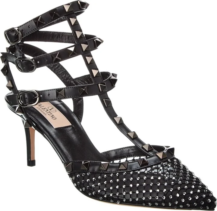 Valentino Rockstud Caged 65 Mesh & Leather Ankle Strap Pump