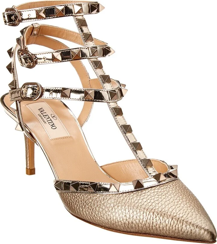 Valentino Rockstud Caged 65 Metallic Leather Ankle Strap Pump