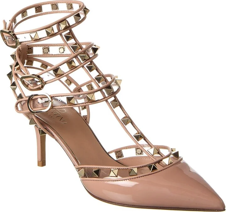 Valentino Rockstud Caged 65 Patent & Vinyl Ankle Strap Pump