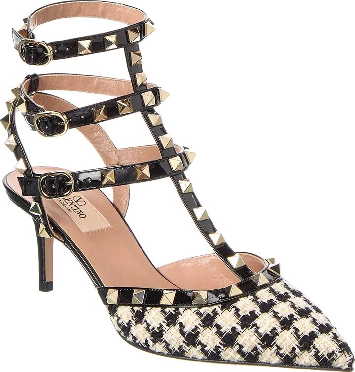 Valentino Rockstud Caged 65 Tweed & Patent Ankle Strap Pump