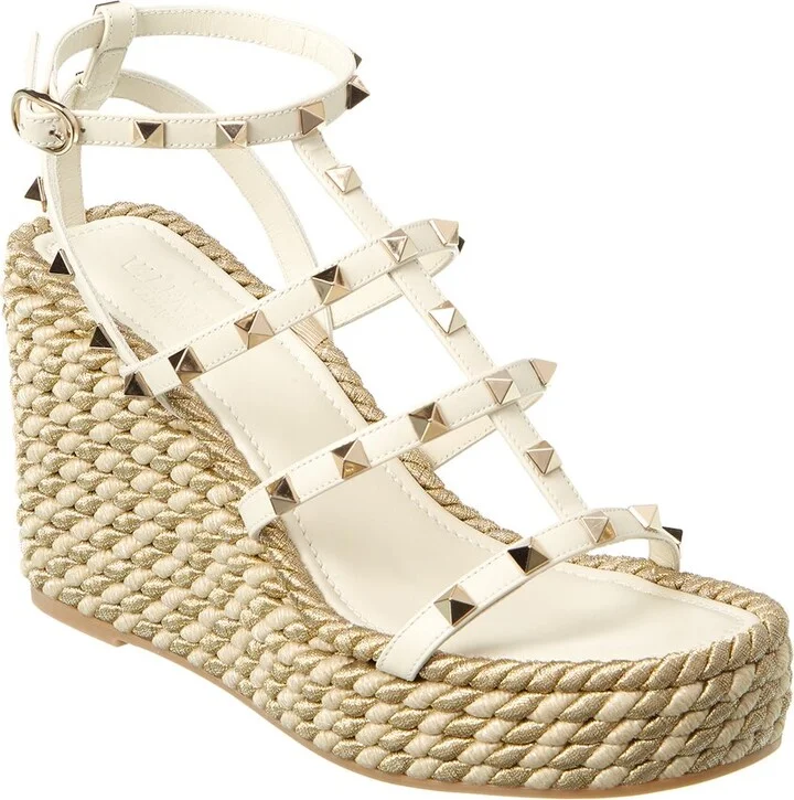 Valentino Rockstud Caged 95 Rope & Leather Wedge Sandal