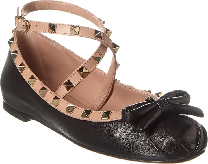 Valentino Rockstud Leather Ankle Strap Ballerina Flat