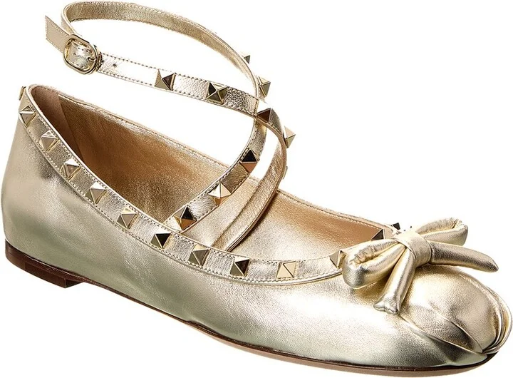 Valentino Rockstud Leather Ankle Strap Ballerina Flat