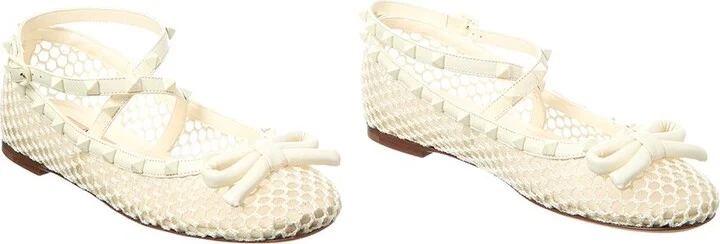 Valentino Rockstud Mesh & Leather Ankle Strap Ballerina Flat (Authentic Pre-Loved)