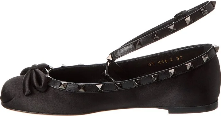 Valentino Rockstud Satin & Leather Ankle Strap Ballerina Flat - Image 2